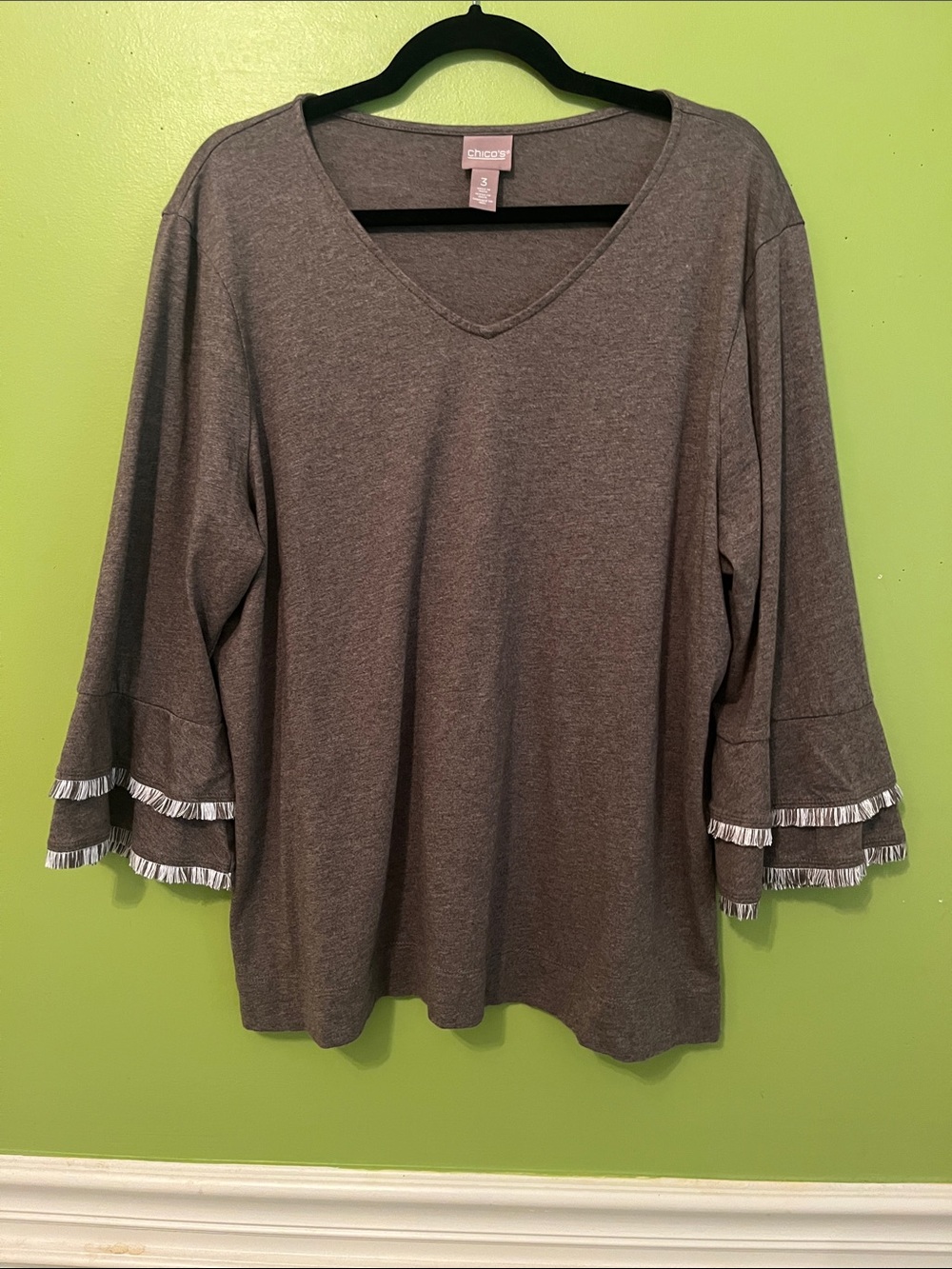 NWOT Chico's Taupe V-neck Top with Fringe Sleeves